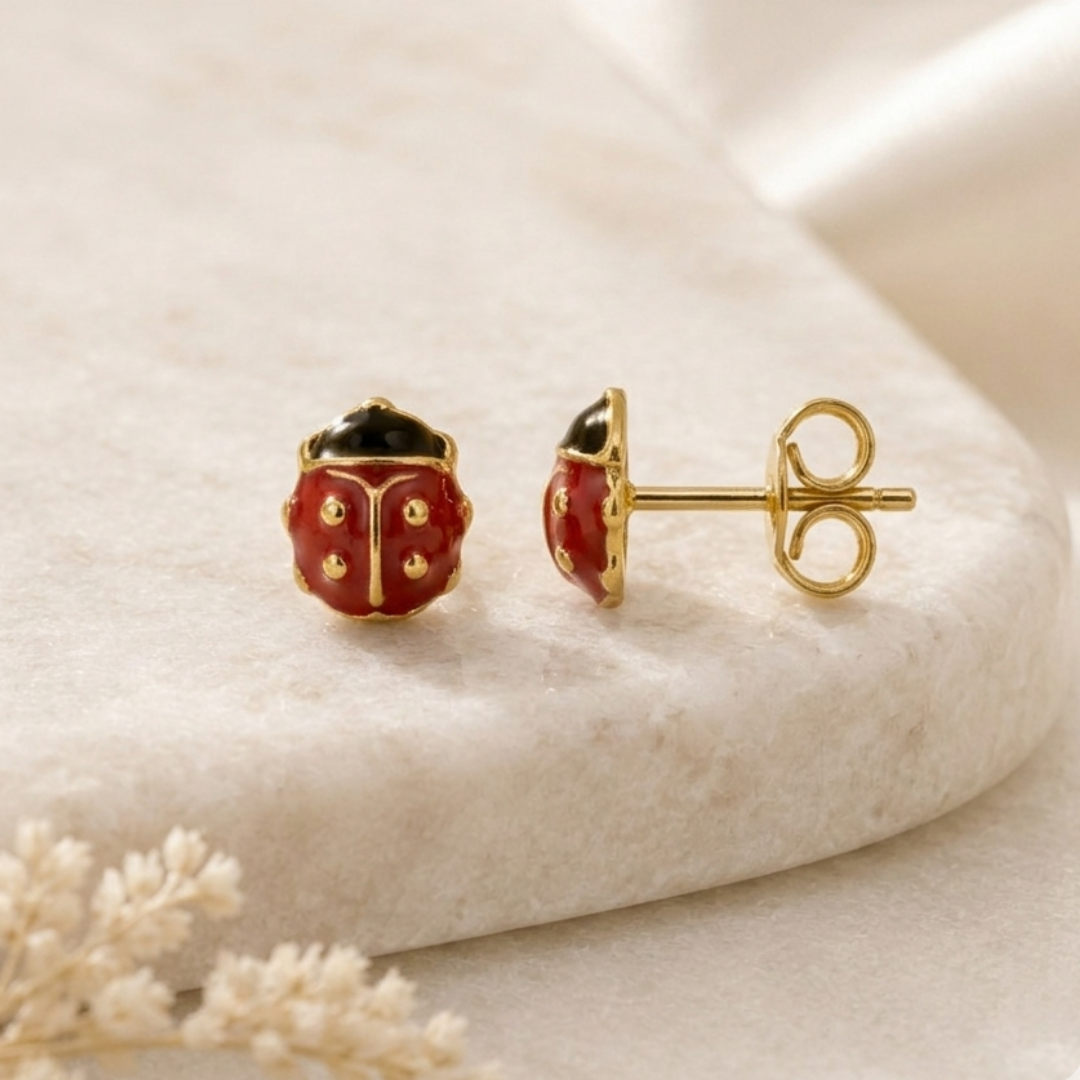 Boucles d'oreilles coccinelle en or jaune massif 18 carats 750/1000 sertie zirconium