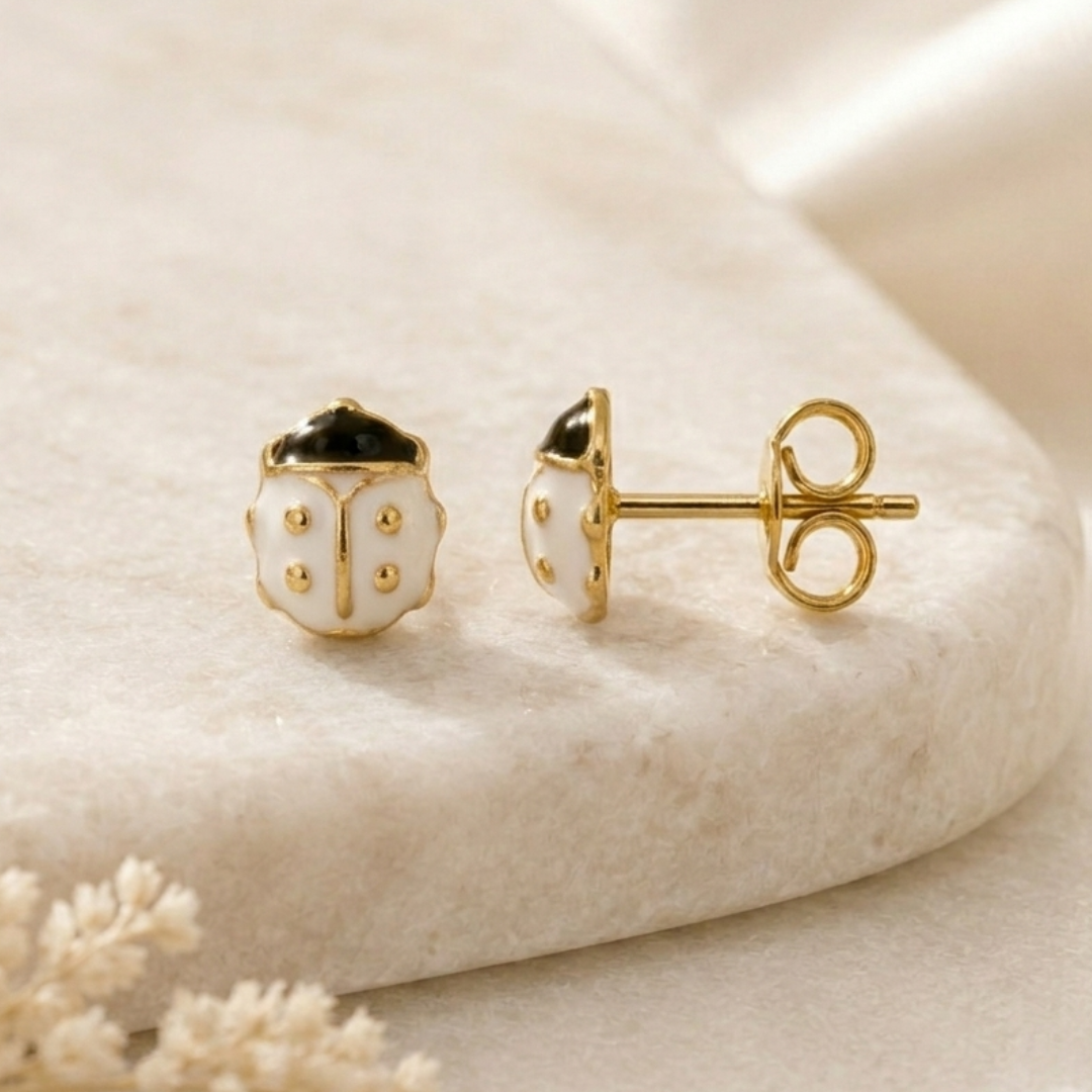 Boucles d'oreilles coccinelle en or jaune massif 18 carats 750/1000 sertie zirconium