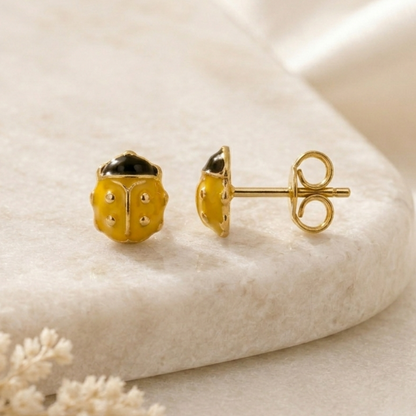Boucles d'oreilles coccinelle en or jaune massif 18 carats 750/1000 sertie zirconium