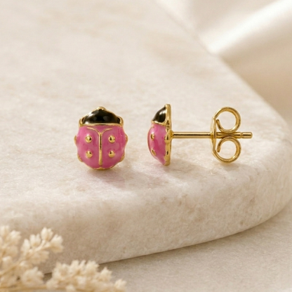 Boucles d'oreilles coccinelle en or jaune massif 18 carats 750/1000 sertie zirconium