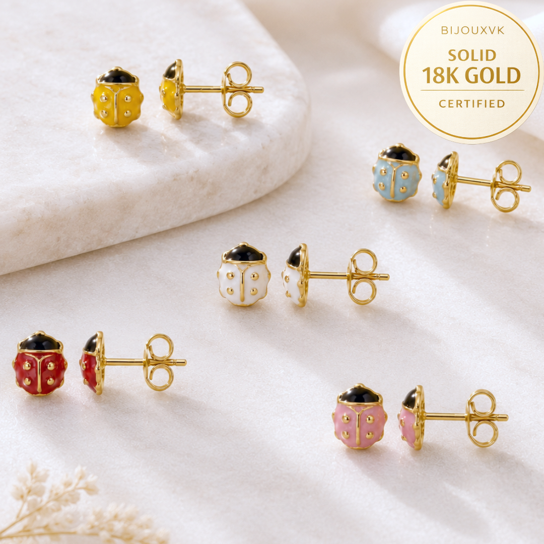 Boucles d'oreilles coccinelle en or jaune massif 18 carats 750/1000 sertie zirconium