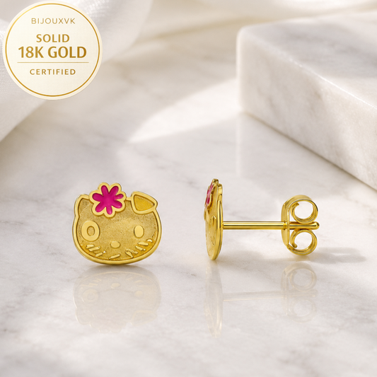 Boucles d'oreilles Hello Kitty en or jaune massif 18 carats 750/1000