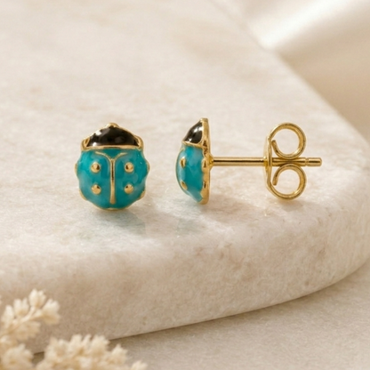 Boucles d'oreilles coccinelle en or jaune massif 18 carats 750/1000 sertie zirconium
