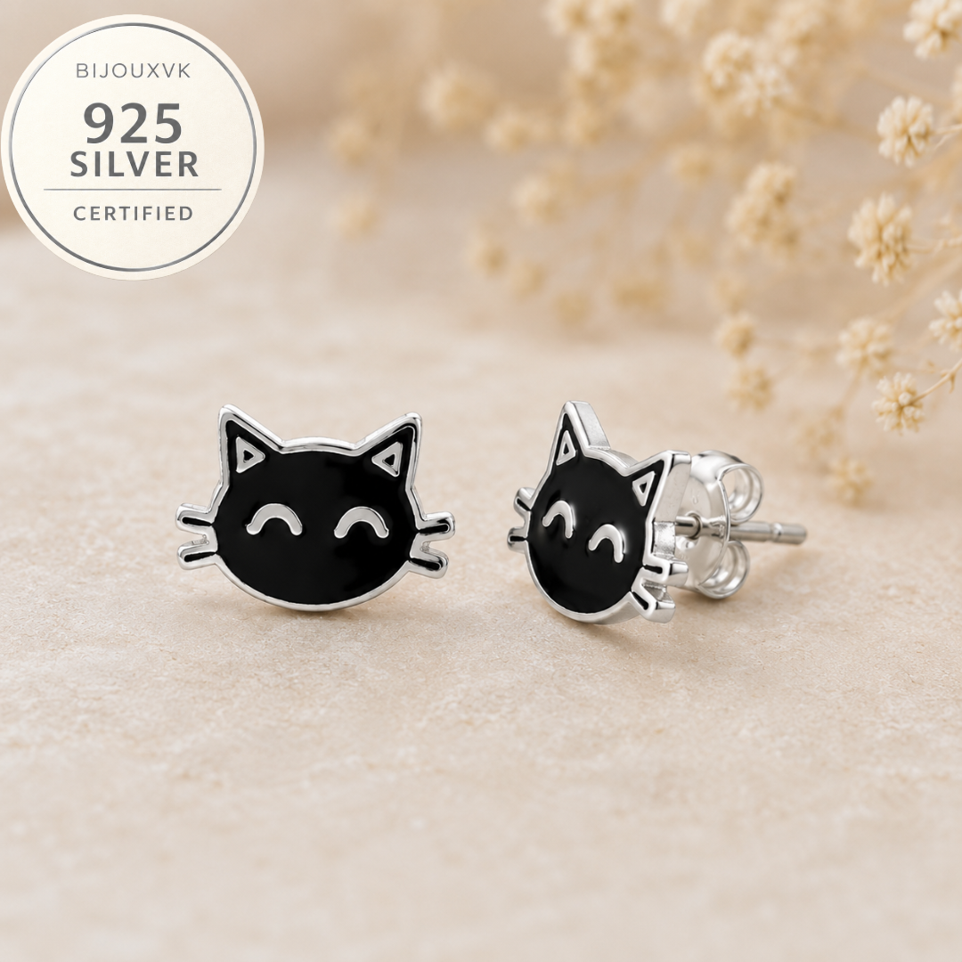 Boucles d’oreilles motif chat en argent massif 925/1000 – Laqué noir
