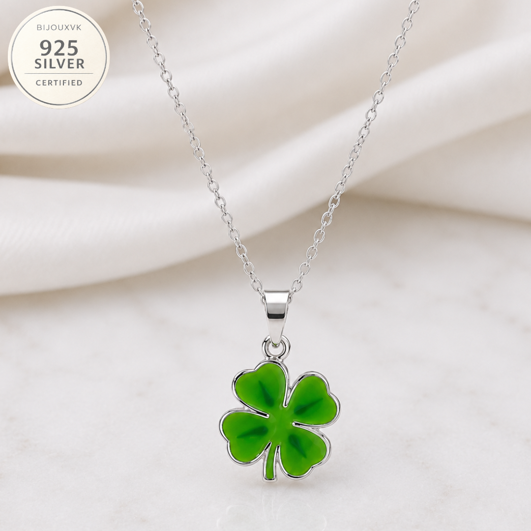 Pendentif Trèfle à Quatre Feuilles Vert en Argent Massif 925/1000 Laqué