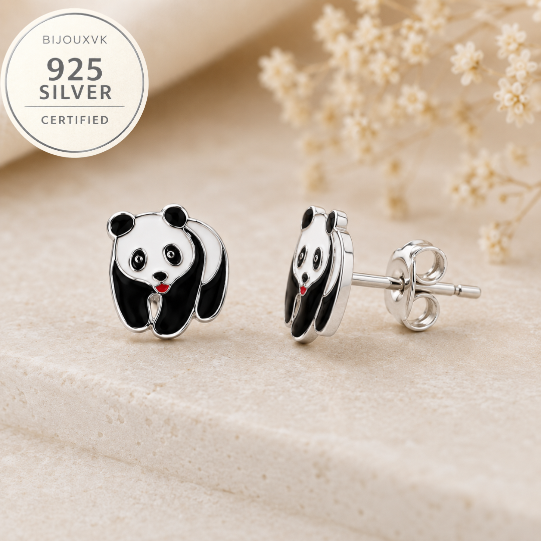 Boucles d'oreilles panda en argent massif 925/1000 – Motif animal noir et blanc