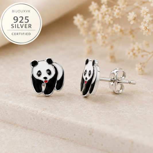 Boucles d'oreilles panda en argent massif 925/1000 – Motif animal noir et blanc