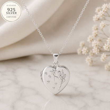 Médaillon Cœur Ouvrant en Argent Massif 925/1000 avec Fée et Étoiles – Porte Photo
