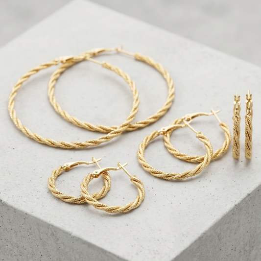 Créoles torsadées striées en Plaqué Or Européen – Boucles d'oreilles créoles ajourées fil torsadé