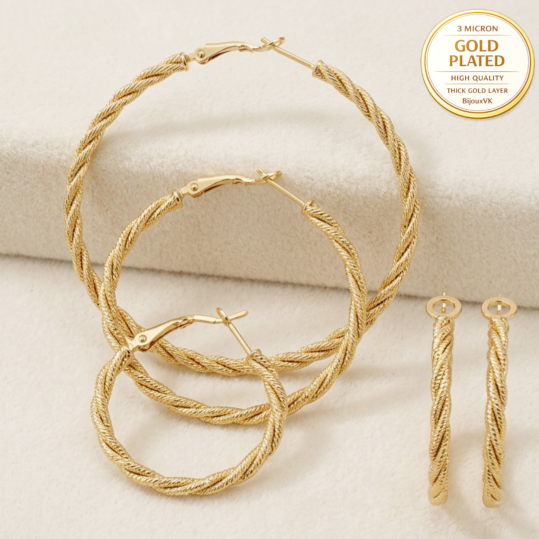 Créoles torsadées striées en Plaqué Or Européen – Boucles d'oreilles créoles ajourées fil torsadé