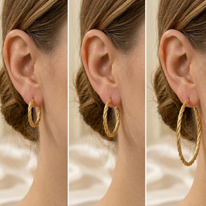 Créoles torsadées striées en Plaqué Or Européen – Boucles d'oreilles créoles ajourées fil torsadé