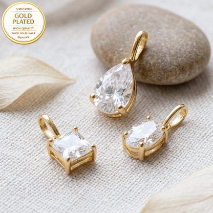 Pendentif Solitaire Oxyde de Zirconium en Plaqué Or Européen – Carrée, Ovale ou Poire