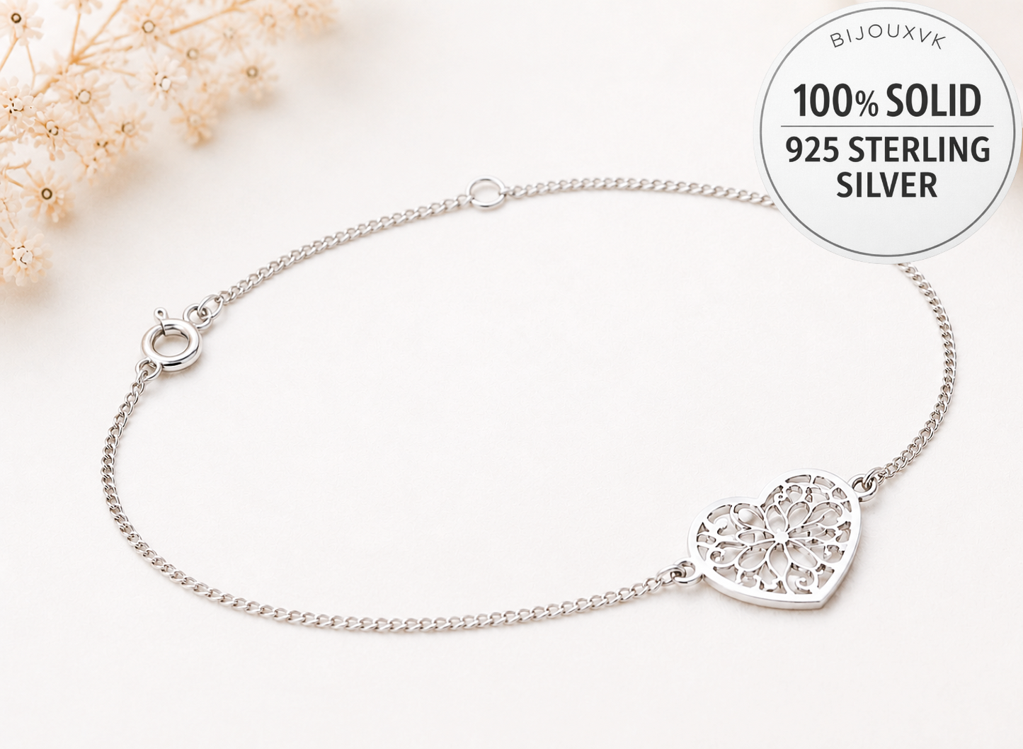 Bracelet cœurs ajourés en argent massif 925 rhodié – Bracelet réglable motif cœur
