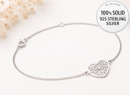 Bracelet cœurs ajourés en argent massif 925 rhodié – Bracelet réglable motif cœur