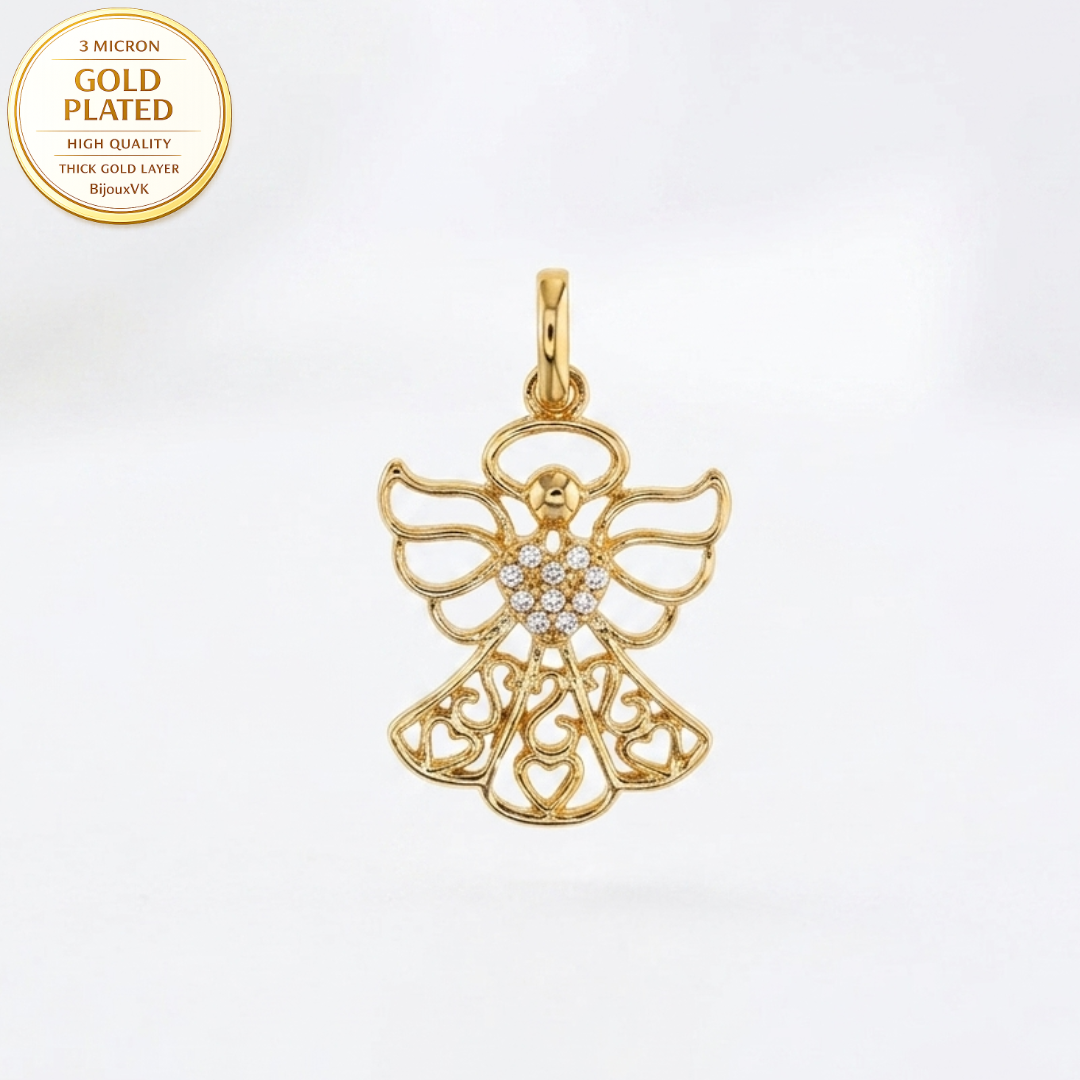 Pendentif Ange Ajouré en Plaqué Or Européen avec Oxydes de Zirconium et Motifs Cœur