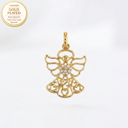 Pendentif Ange Ajouré en Plaqué Or Européen avec Oxydes de Zirconium et Motifs Cœur