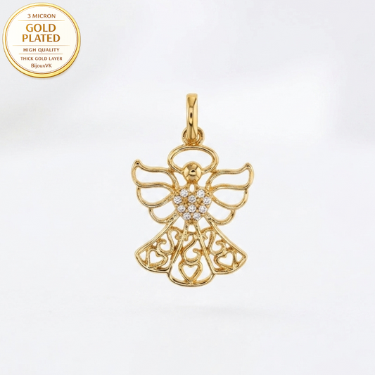 Pendentif Ange Ajouré en Plaqué Or Européen avec Oxydes de Zirconium et Motifs Cœur