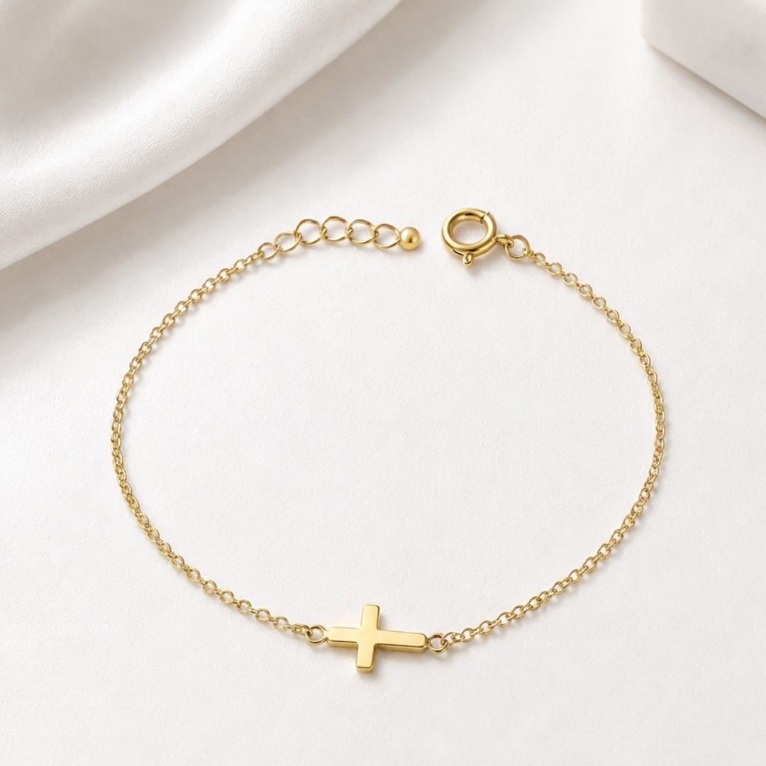 Bracelet Croix en Argent 925/1000 – Bracelet Religieux Femme Doré ou Platiné Réglable