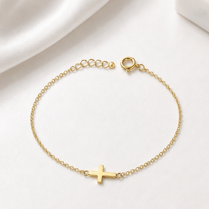 Bracelet Croix en Argent 925/1000 – Bracelet Religieux Femme Doré ou Platiné Réglable