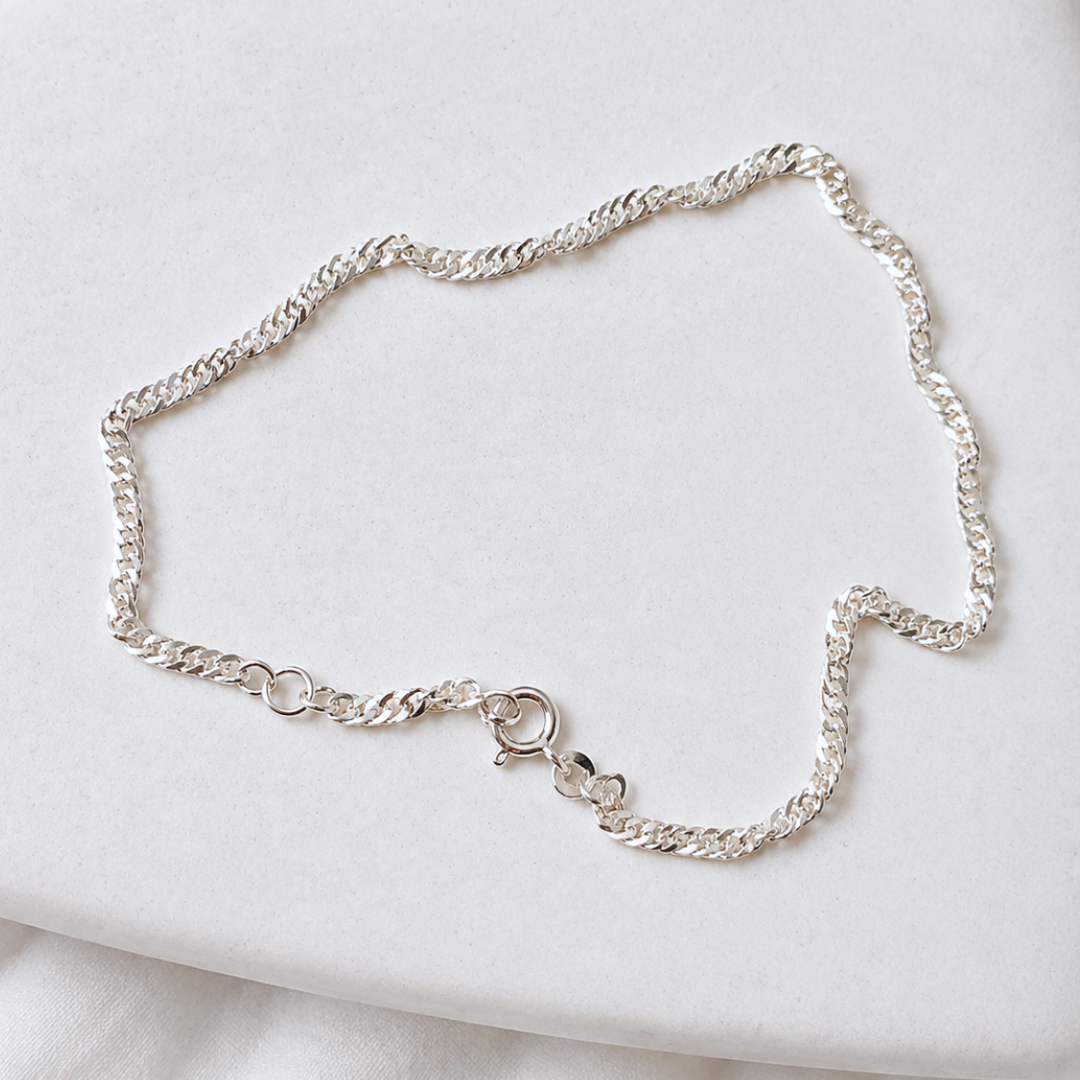 Chaîne de cheville maille Singapour torsadée en argent massif 925/1000