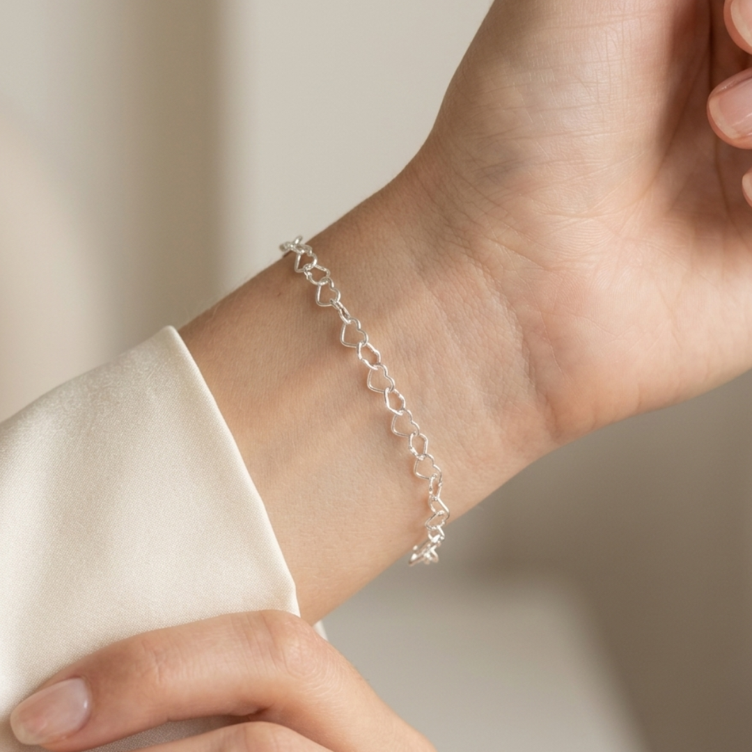 Bracelet cœurs en argent massif 925/1000 – Chaîne à maillons cœur
