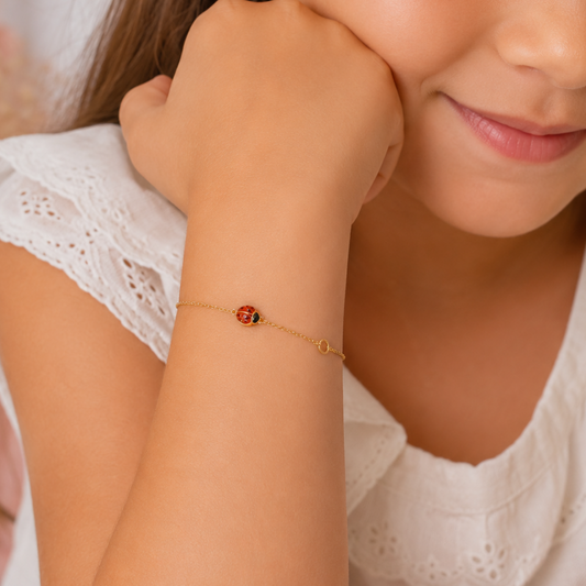 Bracelet enfant coccinelle émaillée en plaqué or européen