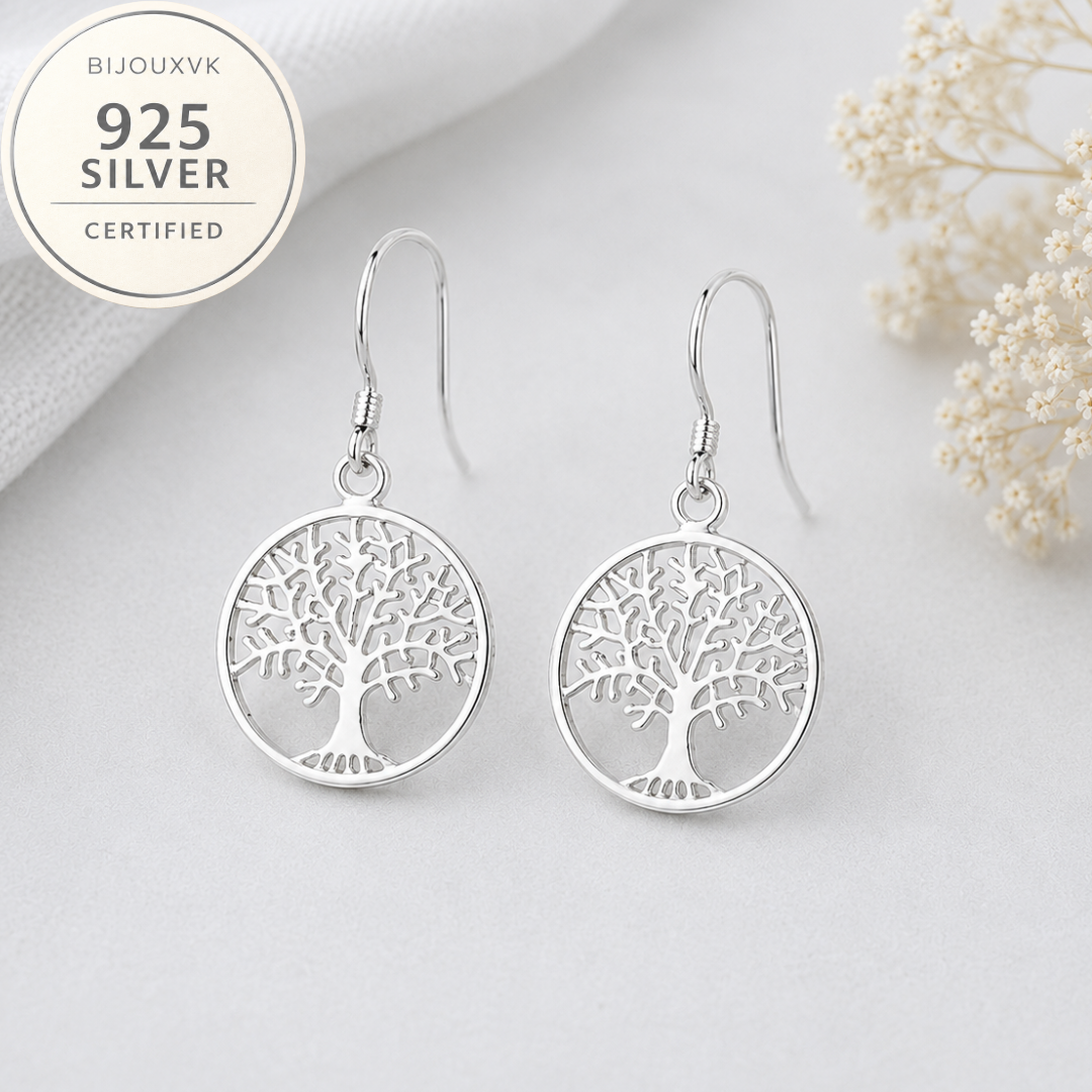 Boucles d'oreilles pendantes arbre de vie en argent massif 925/1000