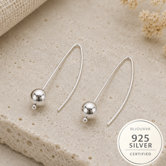Boucles d'oreilles pendantes boule en argent massif 925/1000 rhodié – Tige ovale