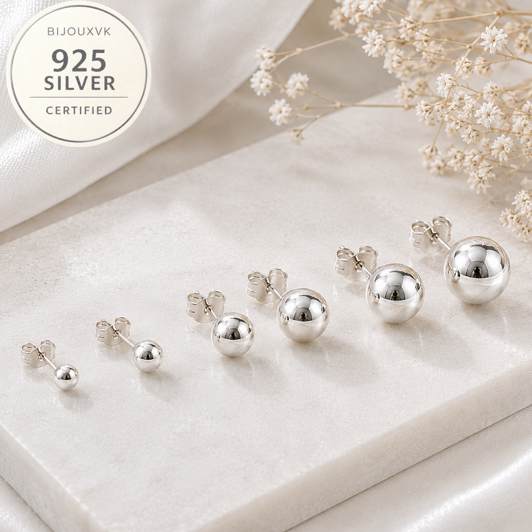 Boucles d'oreilles puces boules en argent massif 925/1000 – Boules lisses polies