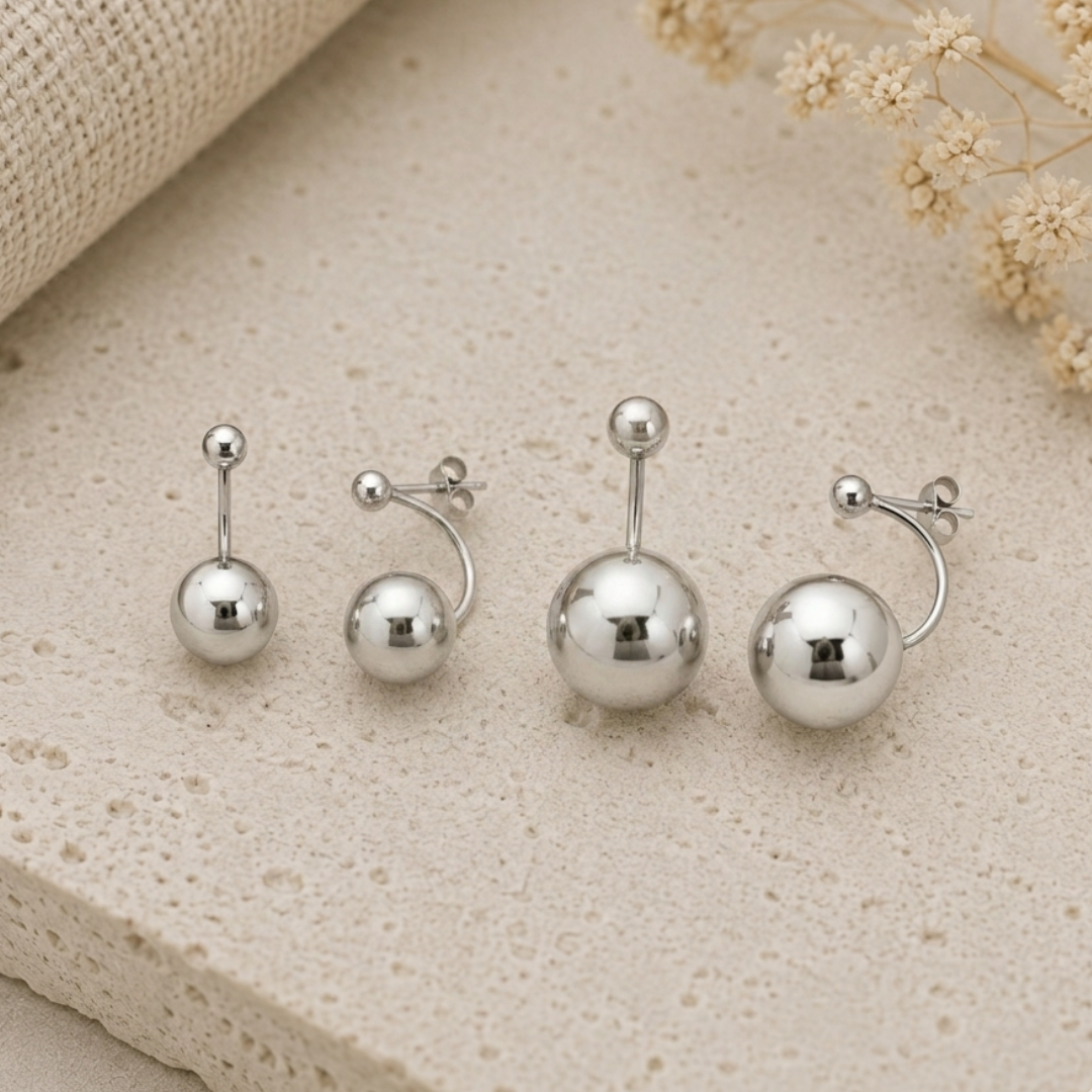 Boucles d'oreilles boules pendantes en argent massif 925/1000 rhodié