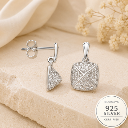 Boucles d'oreilles pendantes pyramide zirconium en argent massif 925/1000 rhodié