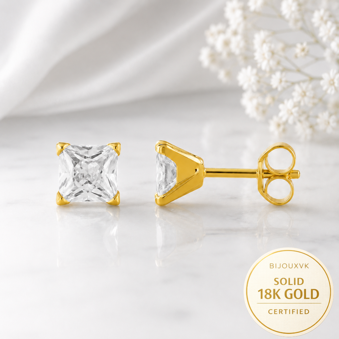 Boucles d'oreilles en or jaune massif 18 carats 750/1000 serties de zirconium blanc carré