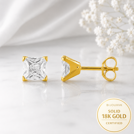 Boucles d'oreilles en or jaune massif 18 carats 750/1000 serties de zirconium blanc carré