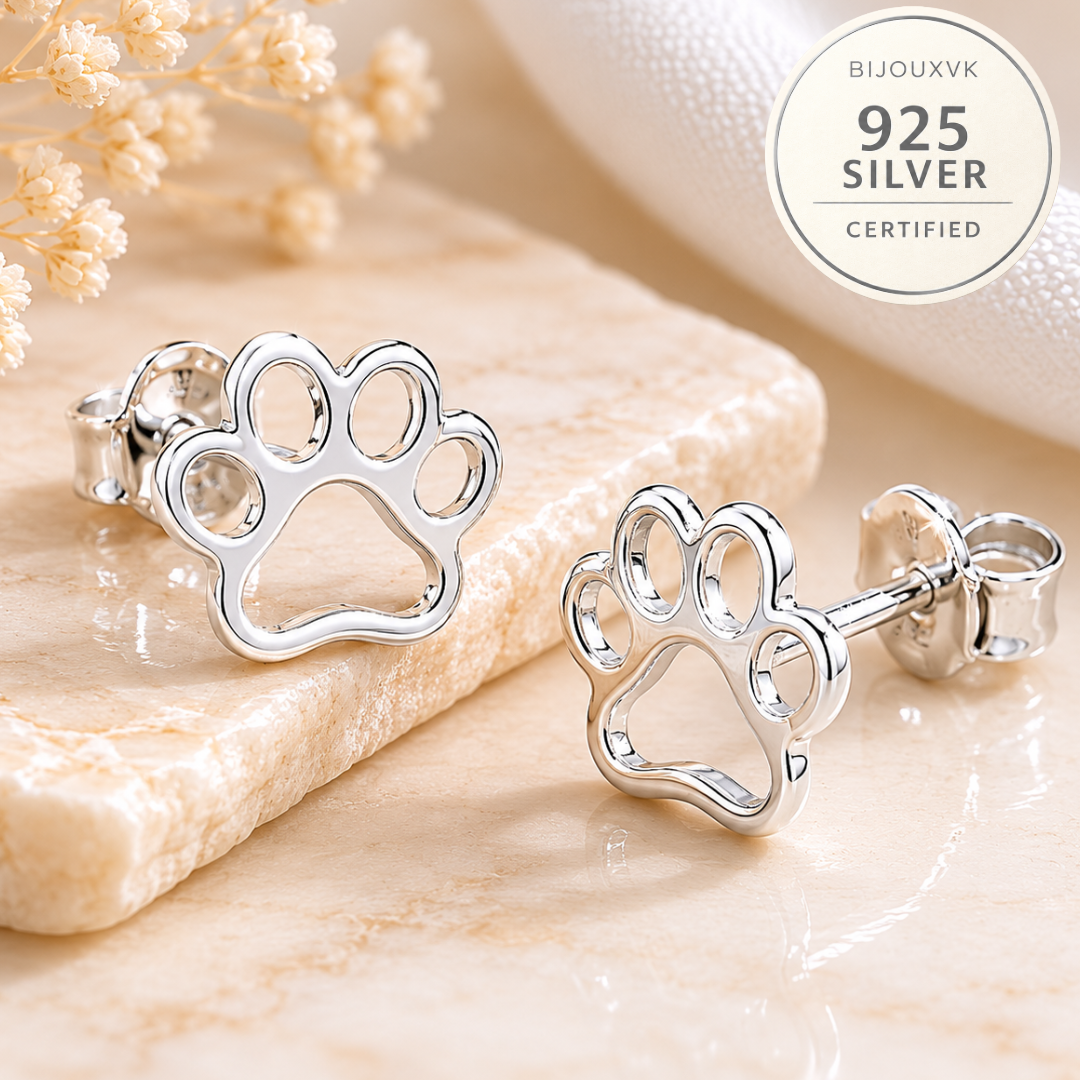 Boucles d'oreilles patte de chien/ chat en argent massif 925/1000 - Motif empreinte animale