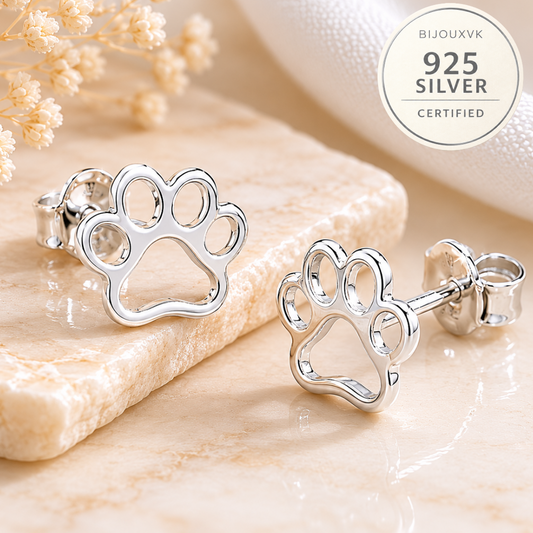 Boucles d'oreilles patte de chien/ chat en argent massif 925/1000 - Motif empreinte animale