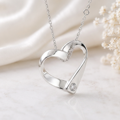 Pendentif Cœur Ruban avec Zirconium en Argent Massif 925/1000 – Cœur Ouvert