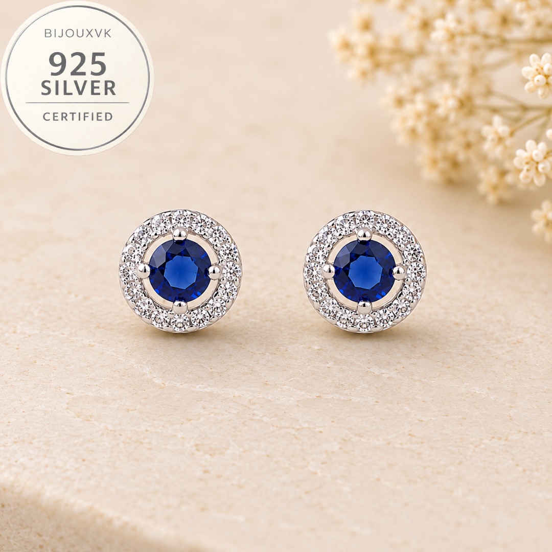 Boucles d'oreilles zircon bleu en argent massif 925/1000 – Entourage scintillant