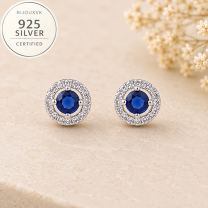 Boucles d'oreilles zircon bleu en argent massif 925/1000 – Entourage scintillant