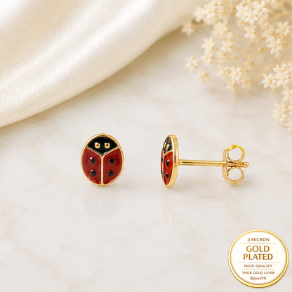 Boucles d'oreilles puces Coccinelle émaillée en Plaqué Or Européen
