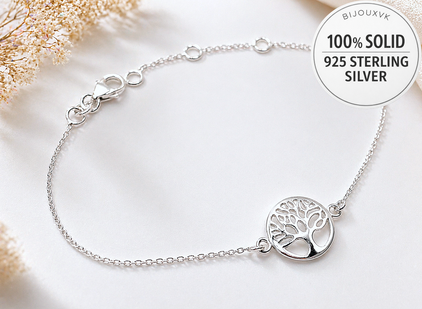 Bracelet arbre de vie en argent massif 925/1000 – Bracelet réglable motif arbre de vie