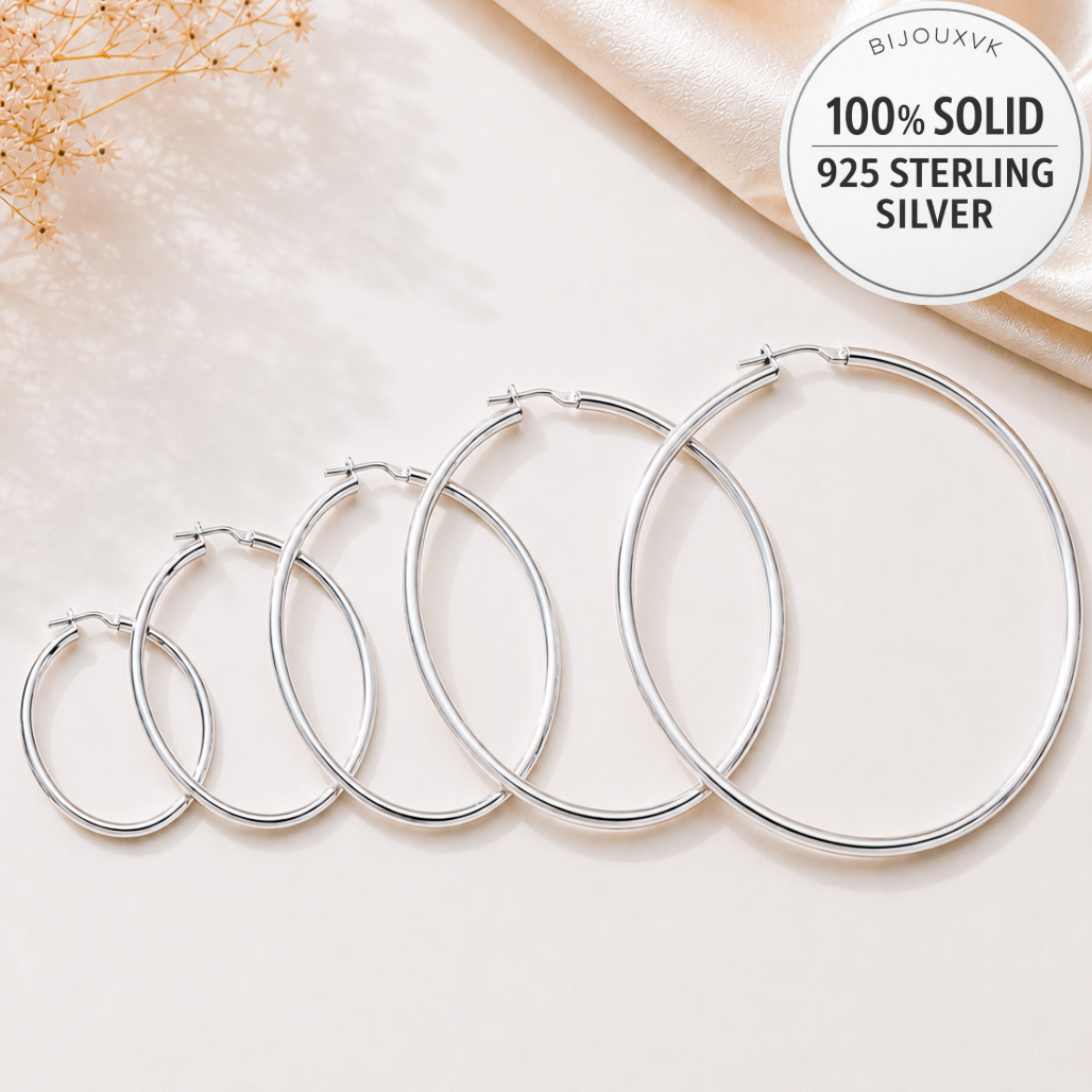 Grandes créoles en argent massif 925 rhodié – Boucles d’oreilles créoles fil 1,6 mm en argent