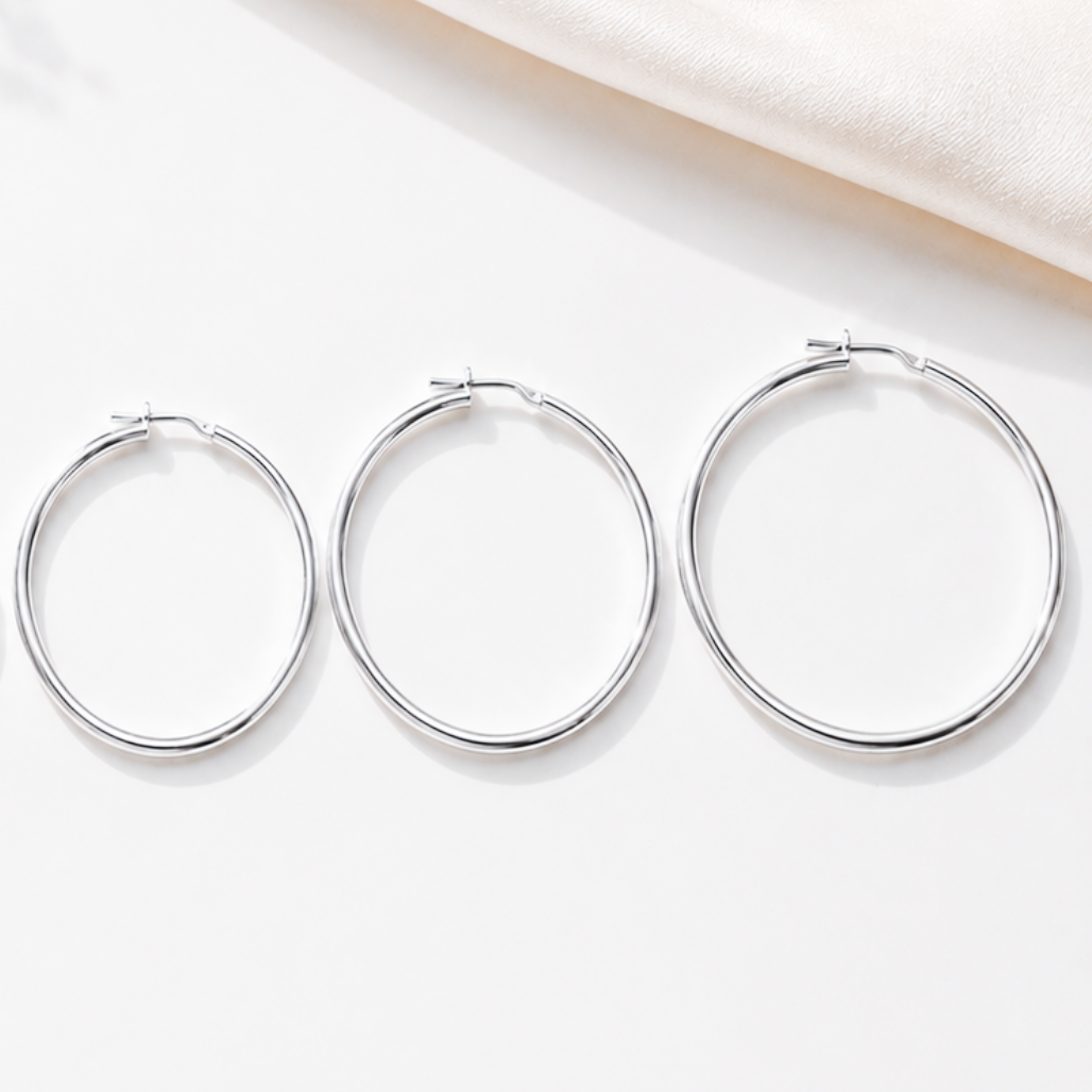 Grandes créoles en argent massif 925 rhodié – Boucles d’oreilles créoles fil 1,6 mm en argent
