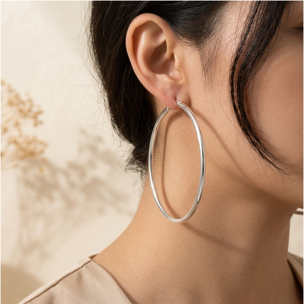 Grandes créoles en argent massif 925 rhodié – Boucles d’oreilles créoles fil 1,6 mm en argent