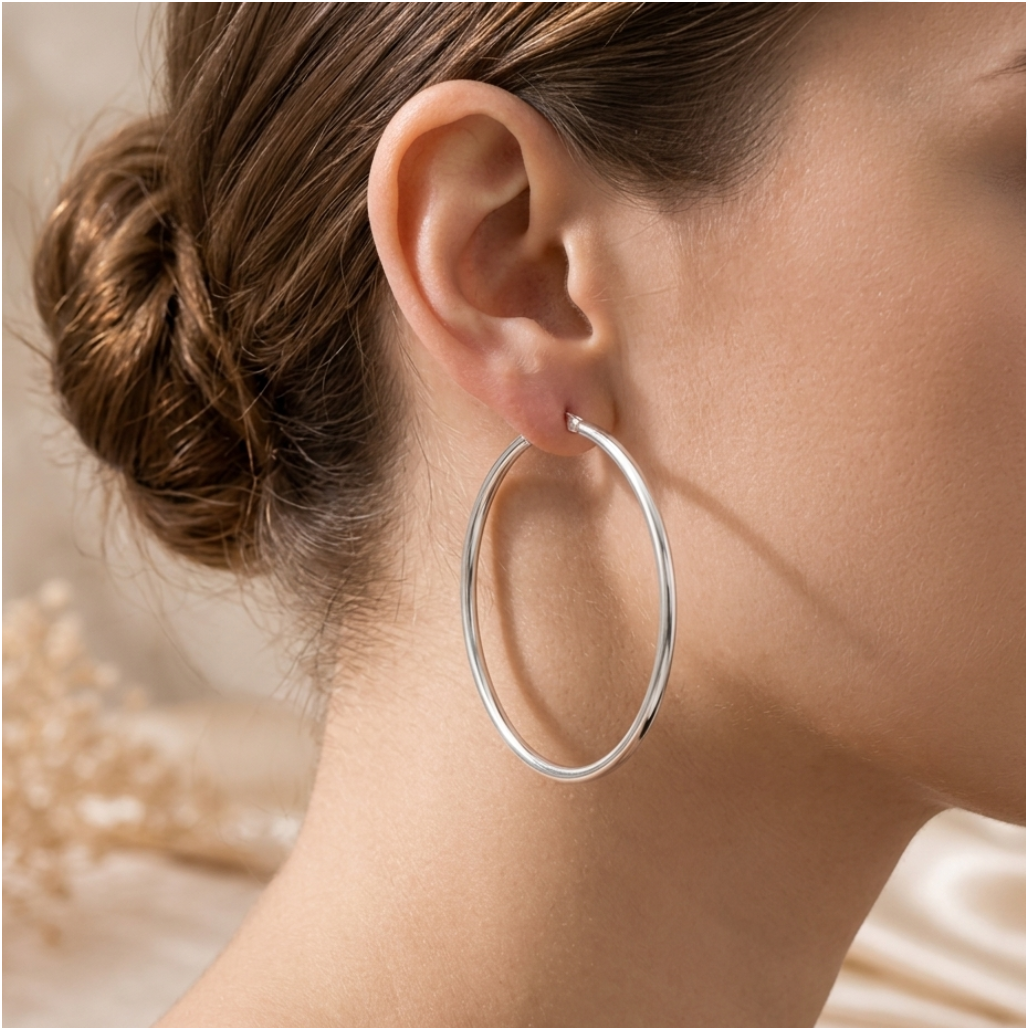 Grandes créoles en argent massif 925 rhodié – Boucles d’oreilles créoles fil 1,6 mm en argent