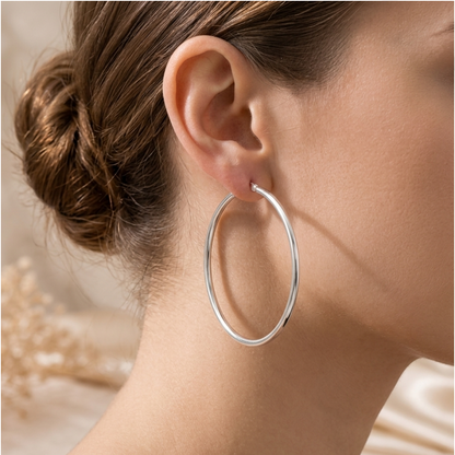 Grandes créoles en argent massif 925 rhodié – Boucles d’oreilles créoles fil 1,6 mm en argent