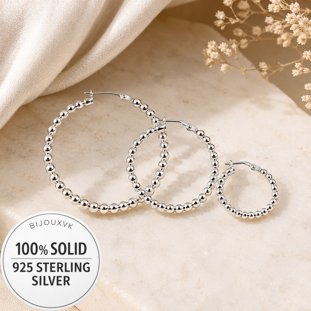 Créoles boules en argent massif 925/1000 – Boucles d’oreilles créoles perlées argent sterling