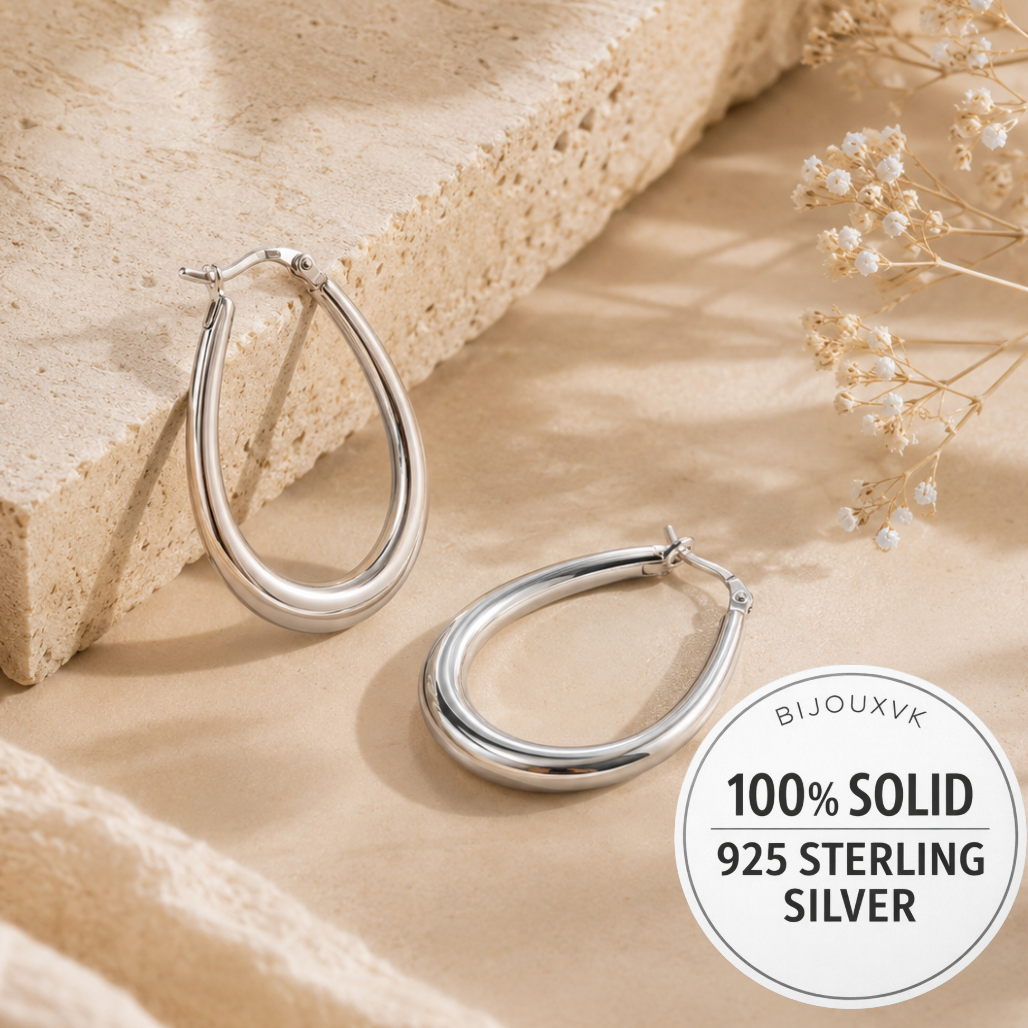 Créoles ovales en argent massif 925 rhodié – Boucles d’oreilles ovales argent
