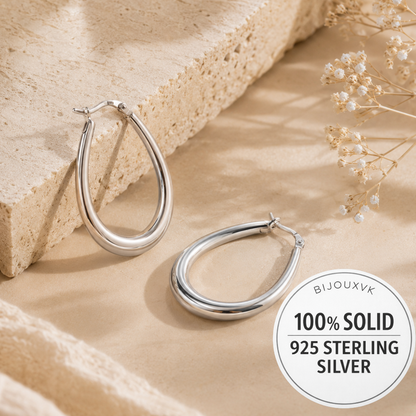 Créoles ovales en argent massif 925 rhodié – Boucles d’oreilles ovales argent