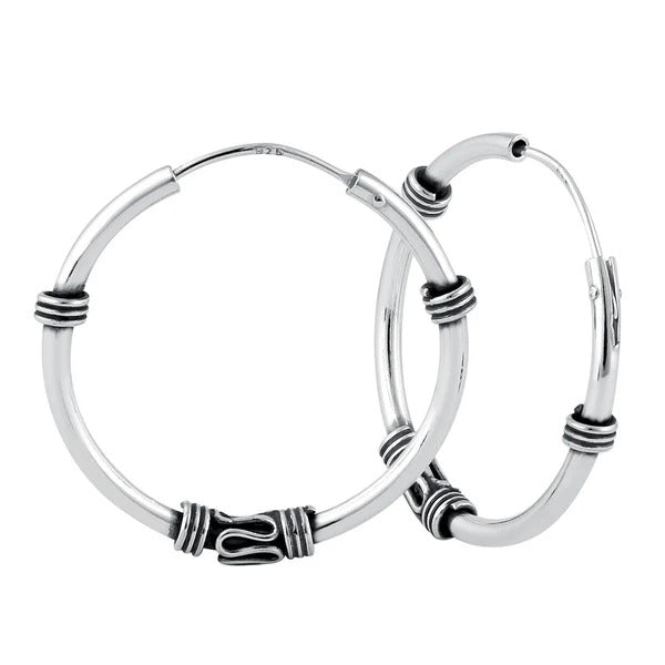 Bali hoop earrings in solid 925/1000 silver - patterned hoops style 6